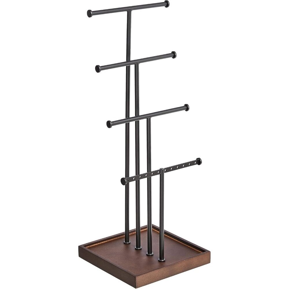 Chic Space-Saving Jewelry Stand with Lighting - Four-Tier Walnut/Black Design
